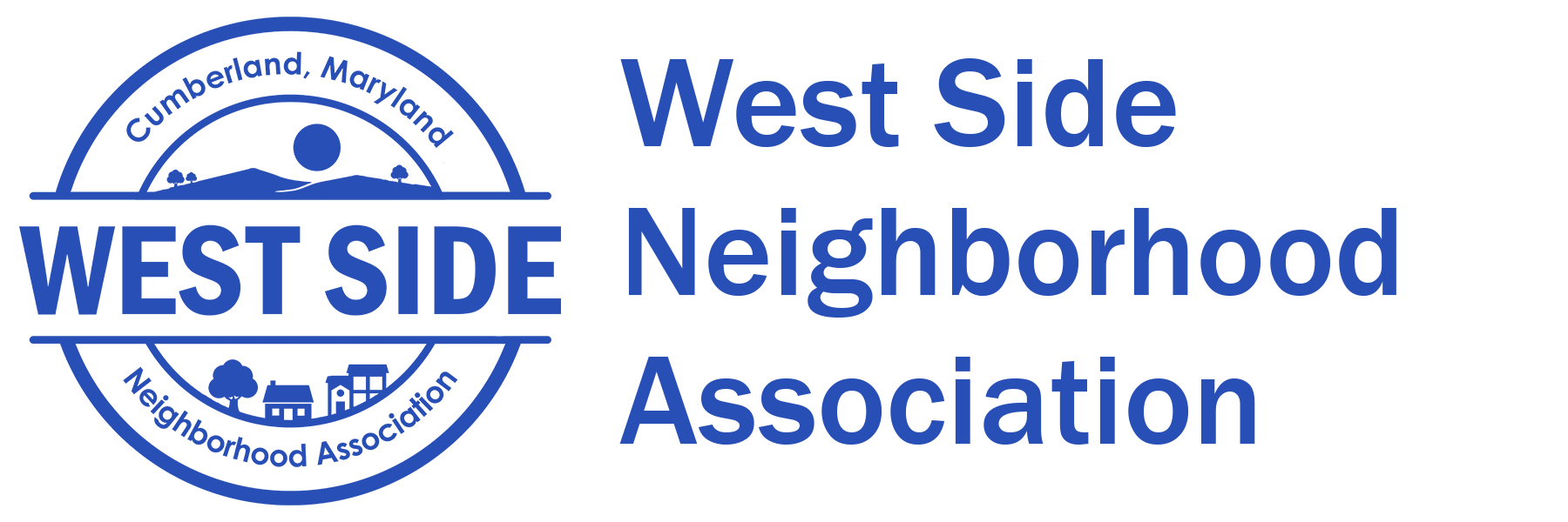 Circular logo featuring mountains, trees, and homes that reads, "West Side Neighborhood Association" and "Cumberland, Maryland"